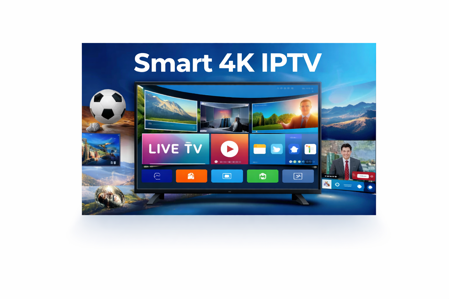 Smart 4K IPTV screen showing live TV apps, movies, sports, news and streaming interface on a modern smart TV display.